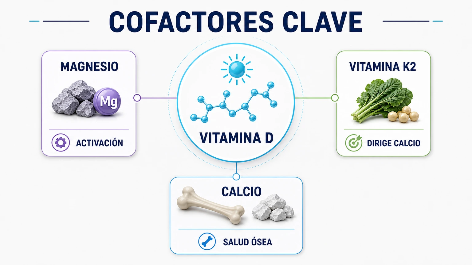 Diagrama de cofactores clave de la vitamina D con magnesio vitamina K2 y calcio