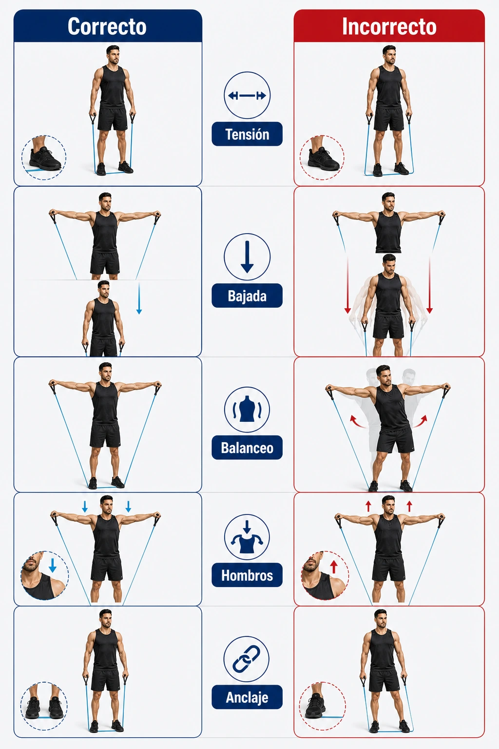 Infografía de errores frecuentes con gomas en elevaciones laterales con bandas visibles