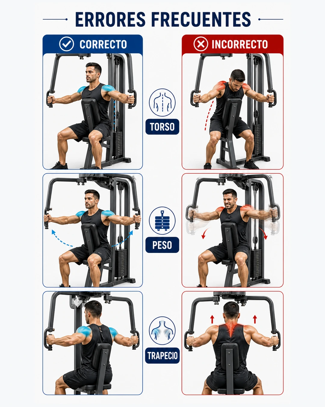 Infografía correcto e incorrecto de errores frecuentes en peck deck inverso con torso peso y trapecio