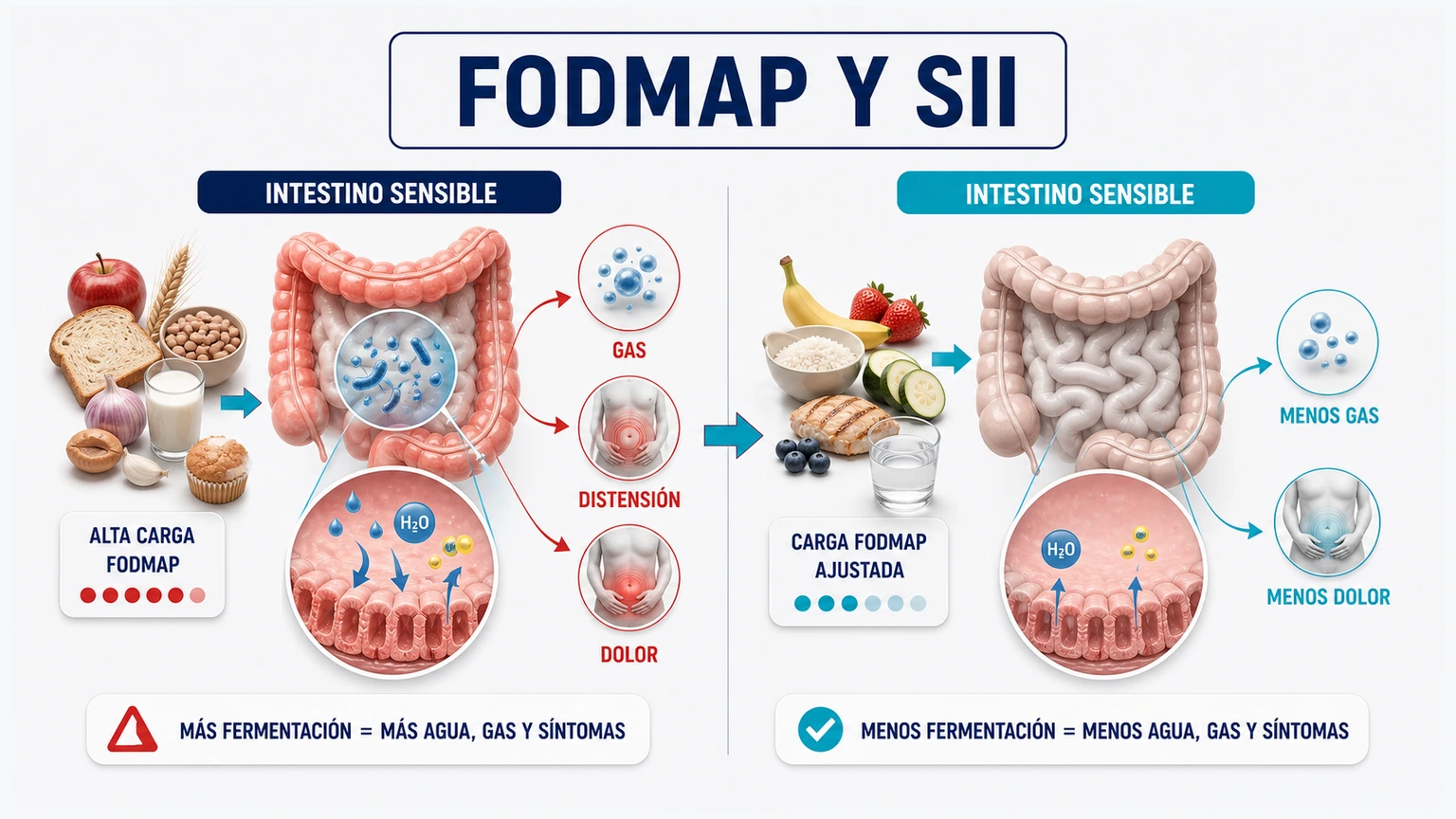 Infografía fisiológica sobre FODMAP y síndrome del intestino irritable con gas distensión y dolor