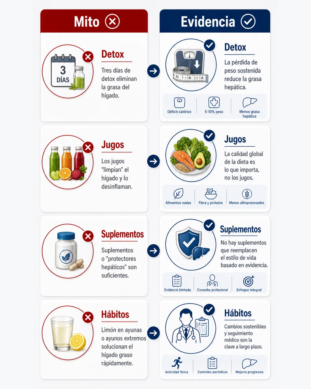 Infografía de mitos frente a evidencia en el tratamiento del hígado graso