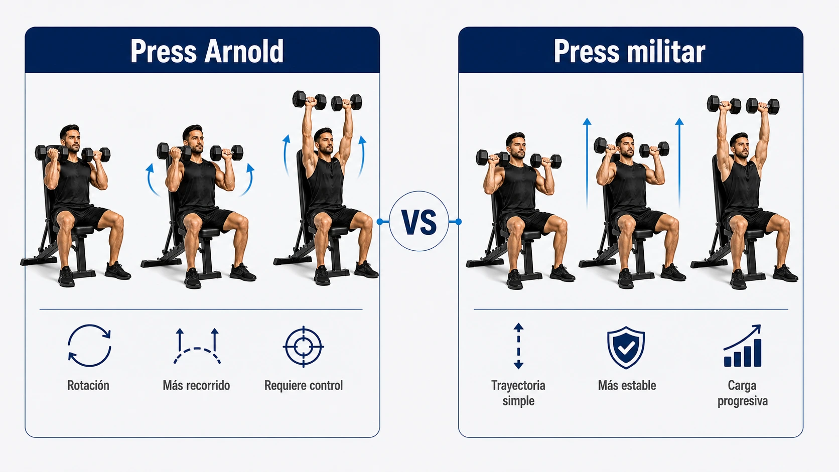 Comparativa entre press Arnold y press militar sin afirmaciones de participación muscular