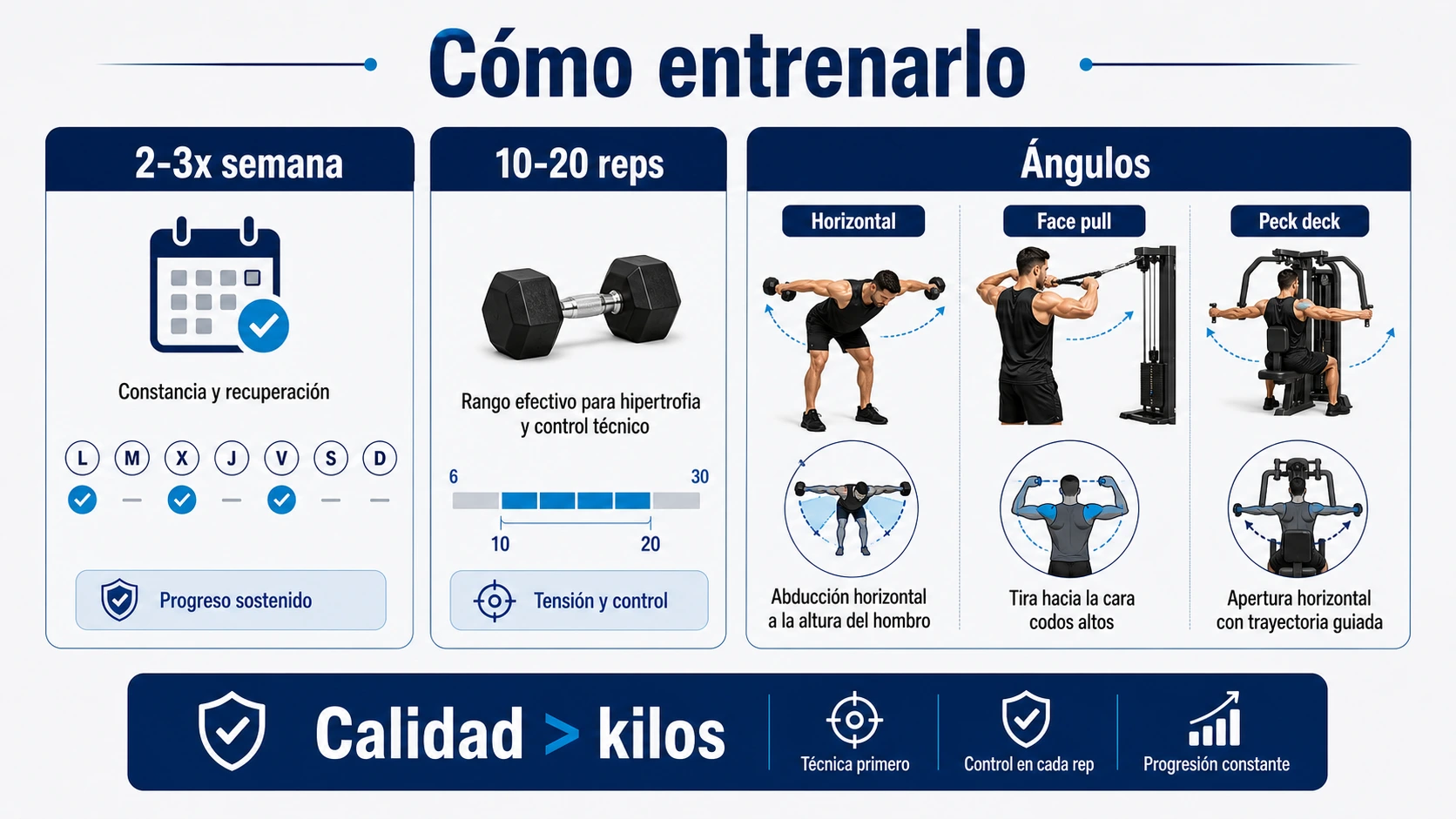 Infografía de programación del deltoides posterior con frecuencia repeticiones y ángulos