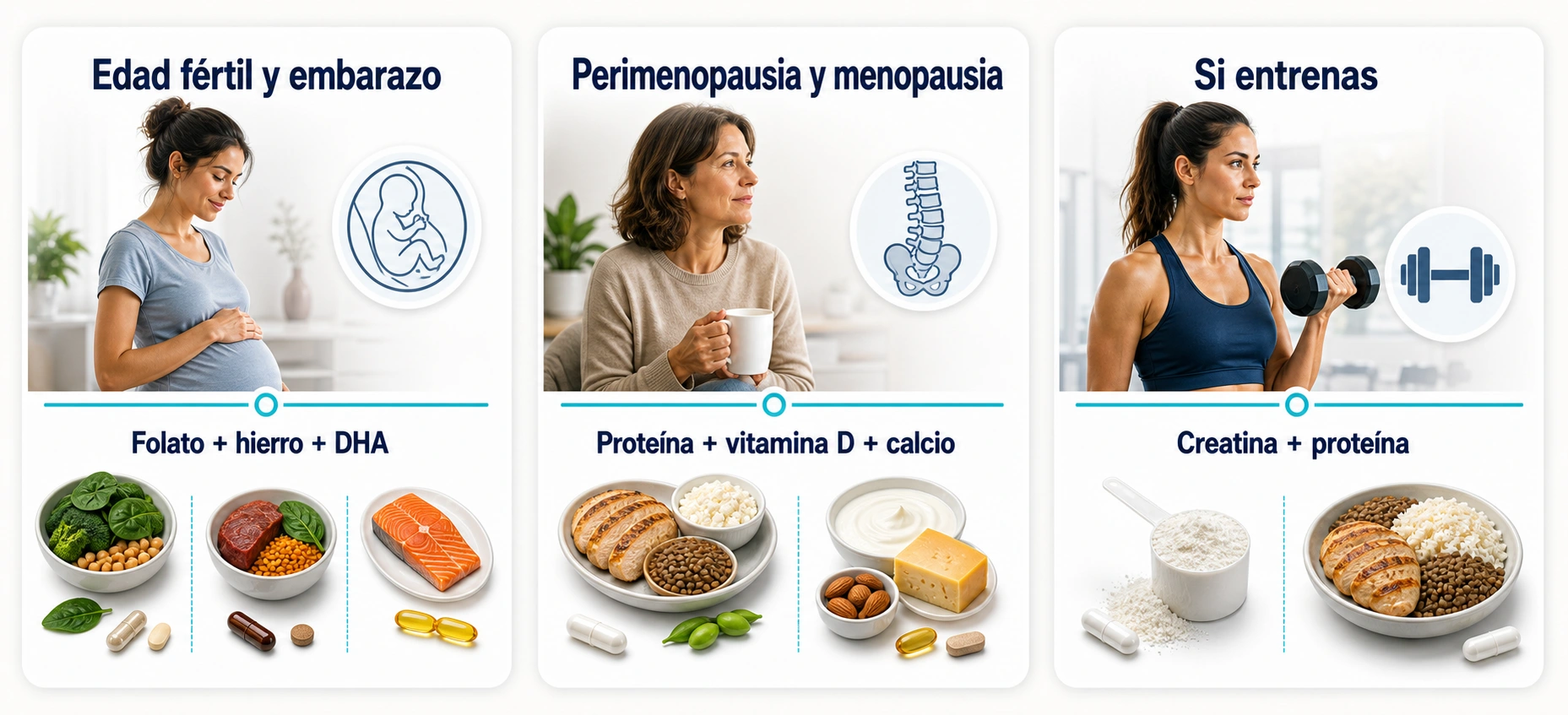 Sintesis de suplementos para mujeres por etapa vital edad fertil embarazo perimenopausia menopausia y entrenamiento