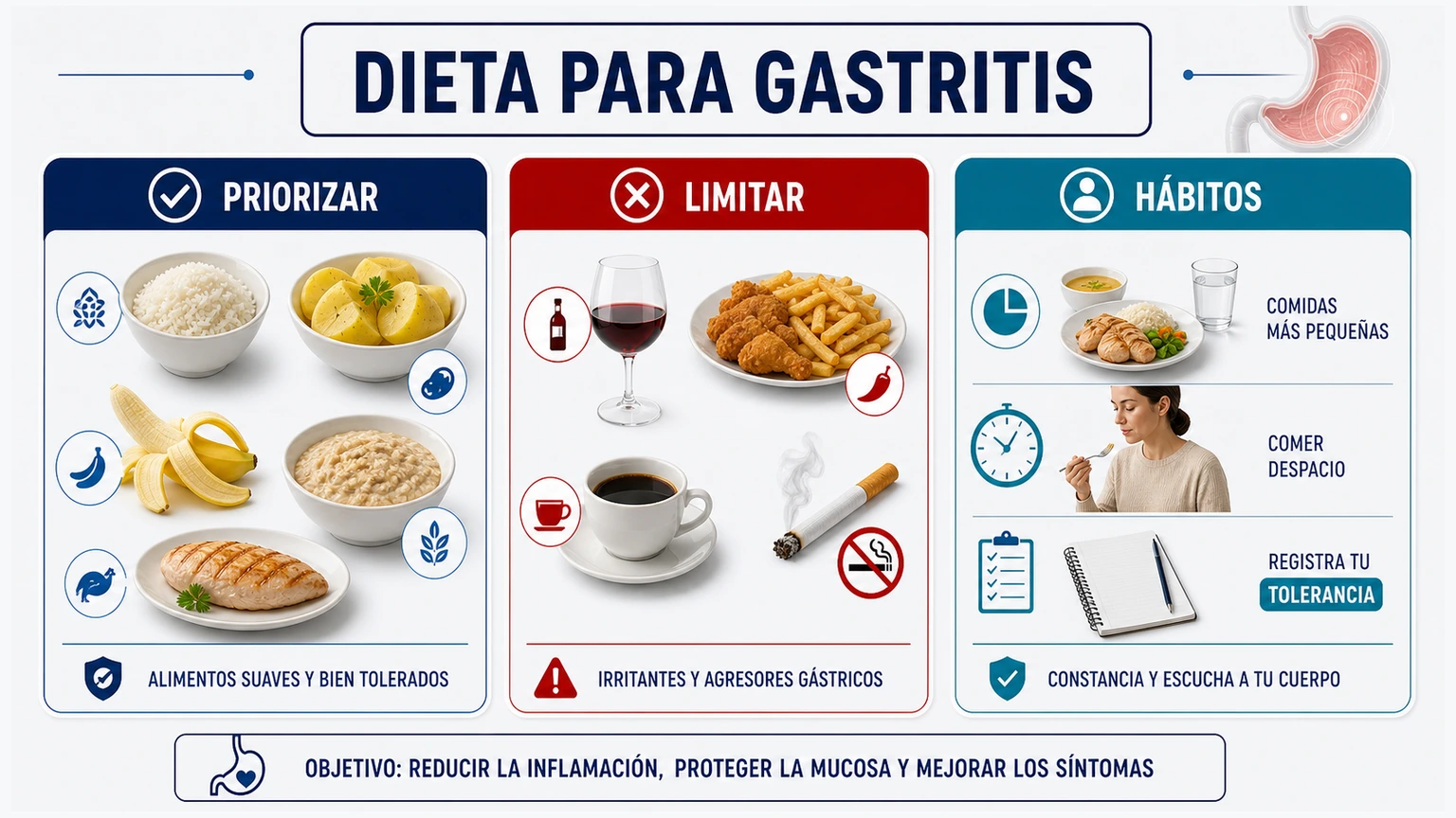 Infografía de dieta para gastritis con alimentos a priorizar limitar hábitos y tolerancia individual