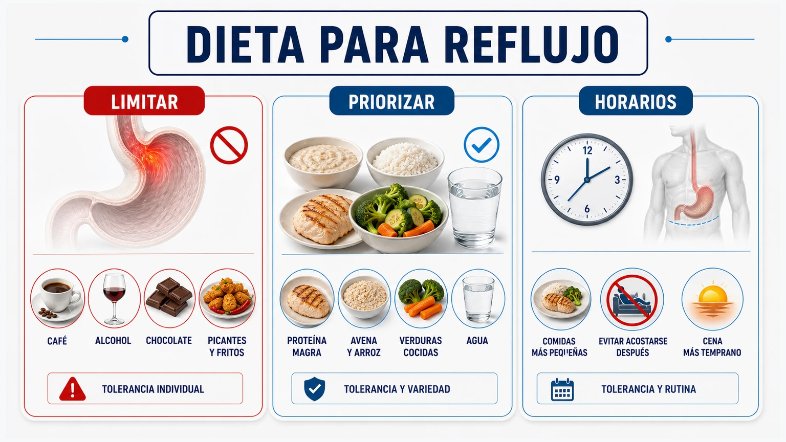 Infografía de dieta para reflujo con alimentos a limitar priorizar horarios y tolerancia individual
