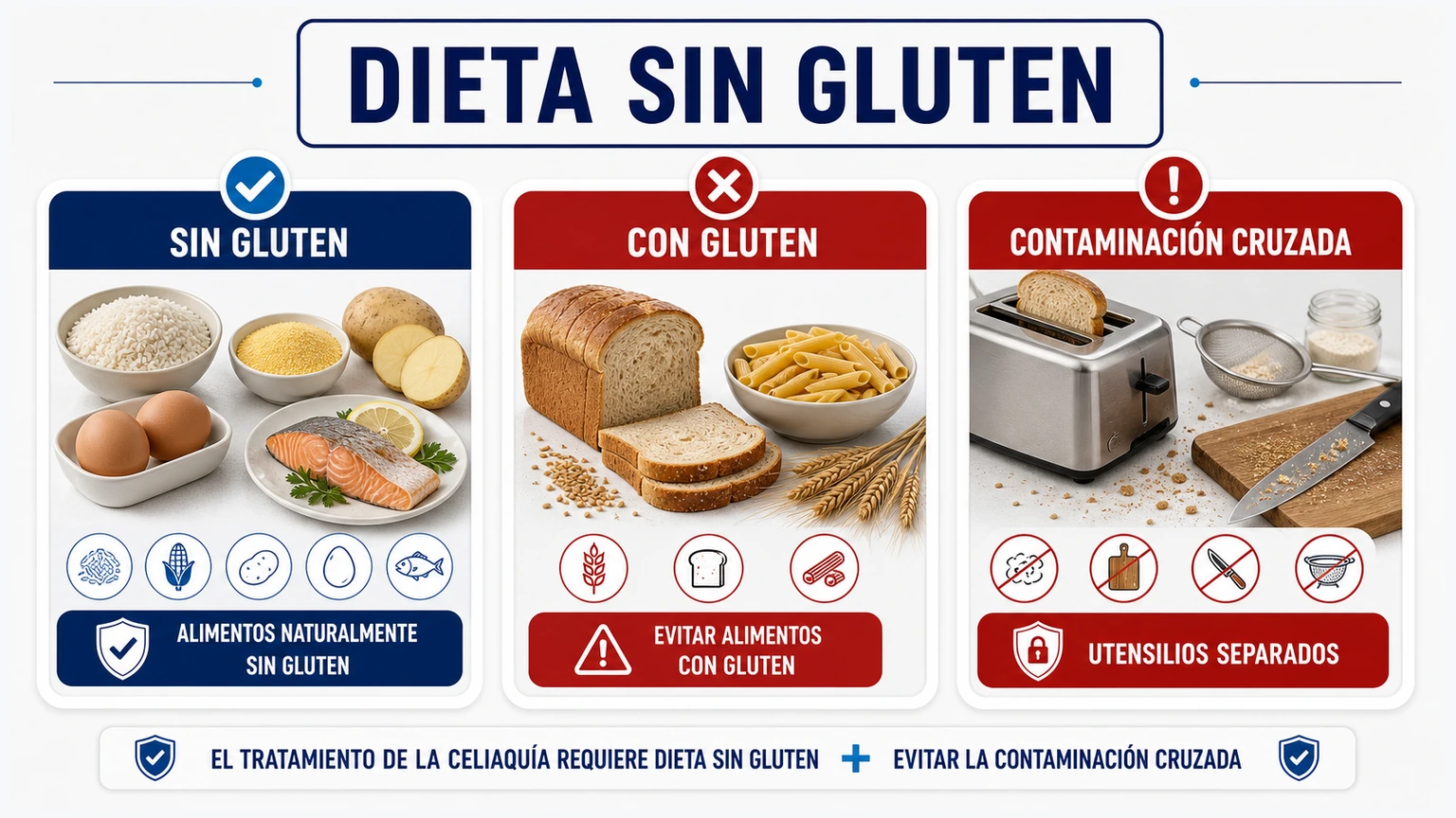 Infografía de dieta sin gluten con alimentos sin gluten alimentos con gluten y contaminación cruzada