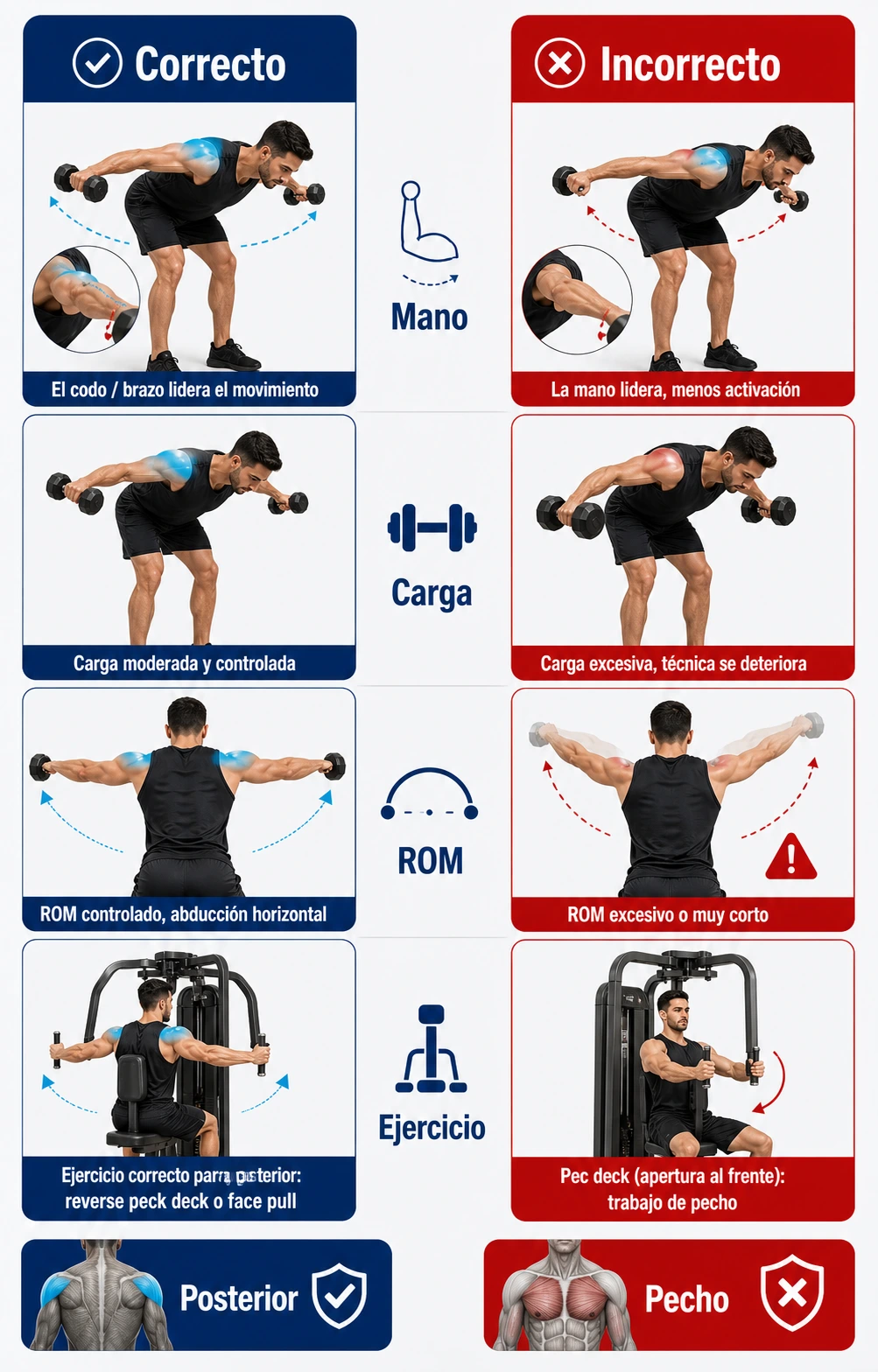 Infografía de errores de deltoides posterior con peck deck inverso correcto y pecho como error