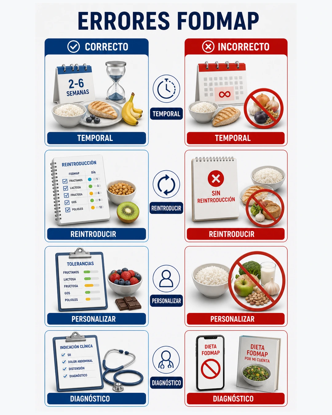 Infografía de errores comunes en dieta FODMAP como eliminación prolongada no reintroducir y falta de diagnóstico