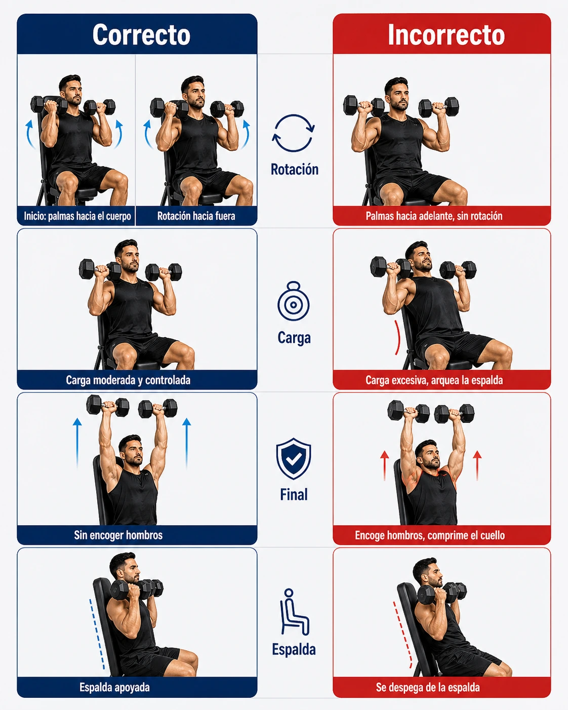 Infografía de errores frecuentes en el press Arnold con orientación de palmas y postura