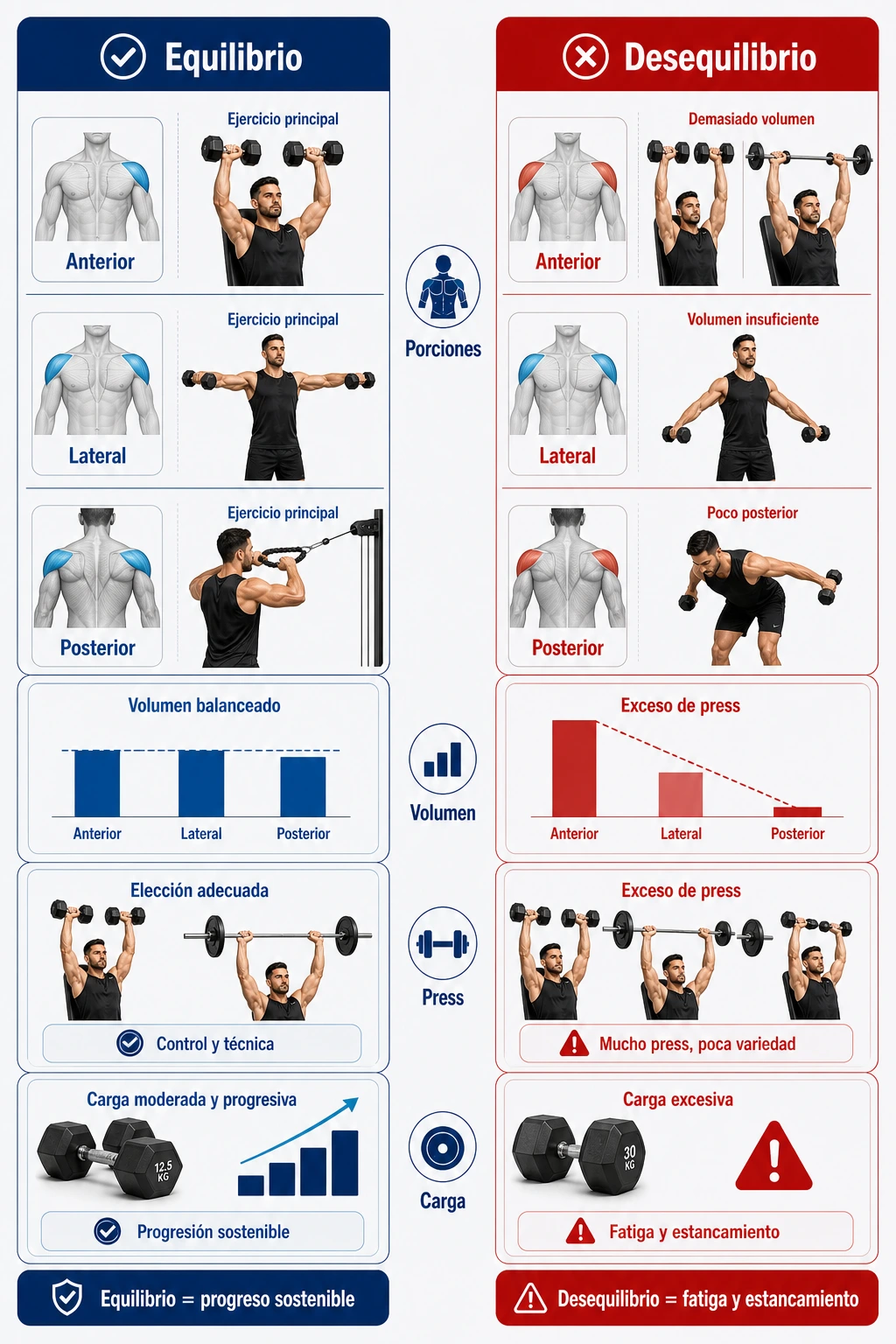 Infografía de errores de programación de hombro con equilibrio anterior lateral y posterior