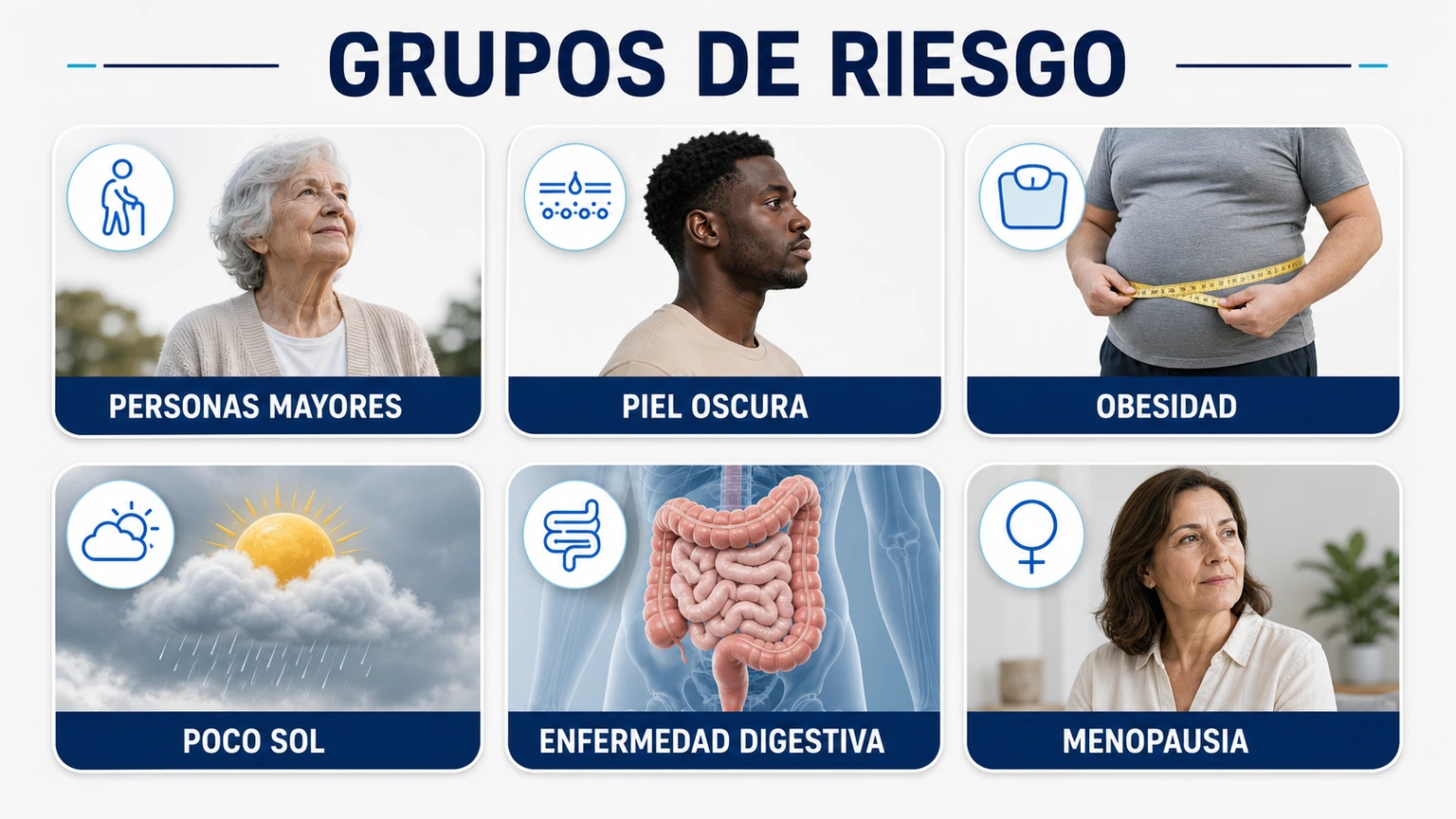 Tarjetas editoriales con grupos de riesgo de déficit de vitamina D personas mayores piel oscura obesidad poco sol enfermedad digestiva y menopausia