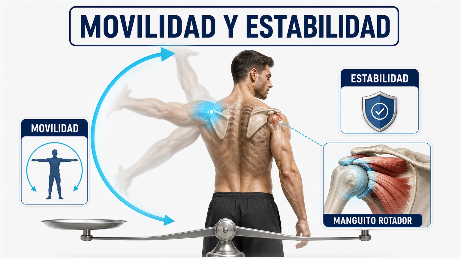 Diagrama biomecánico de movilidad y estabilidad del hombro con manguito rotador