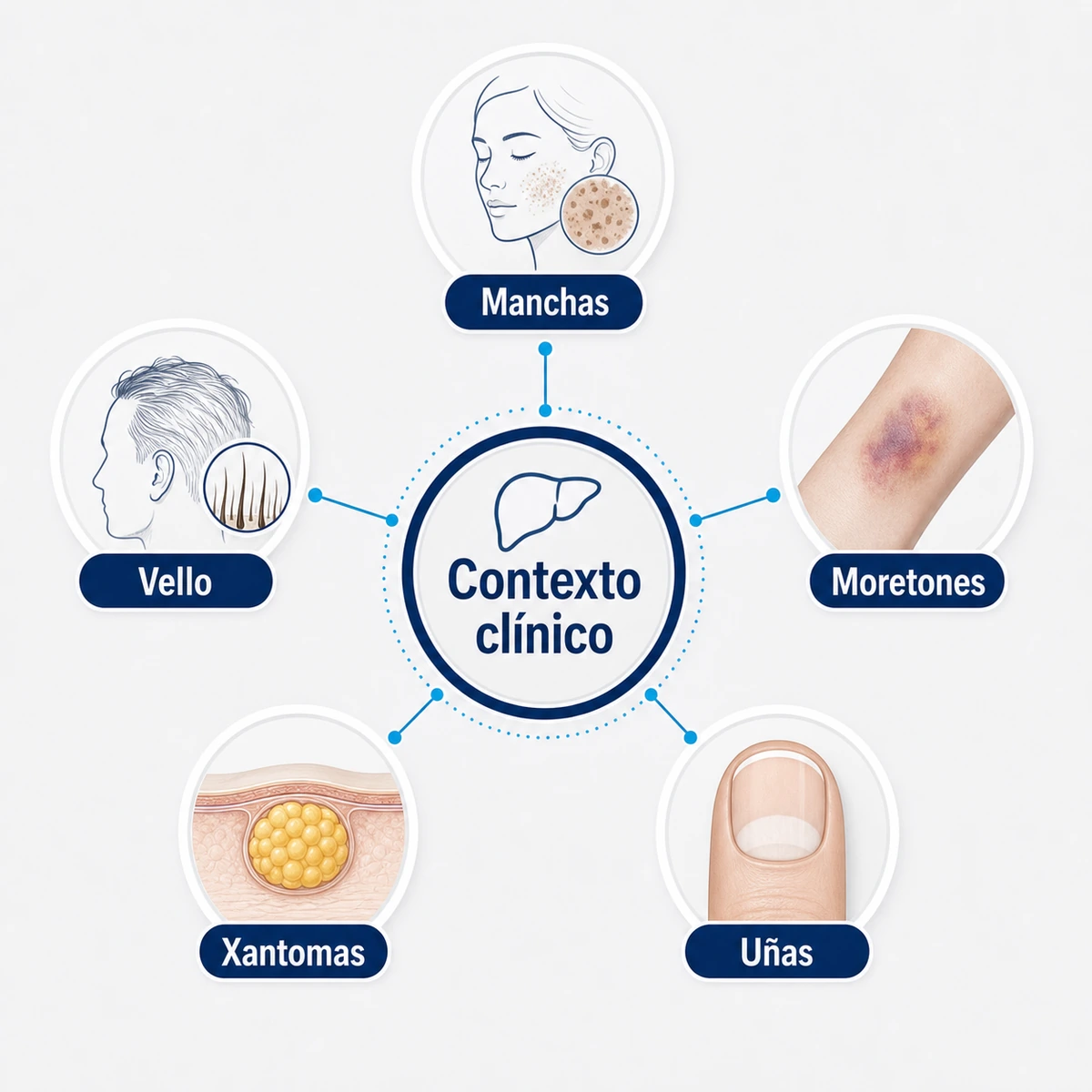 Mapa de otros signos cutáneos posibles con manchas moretones uñas xantomas y vello