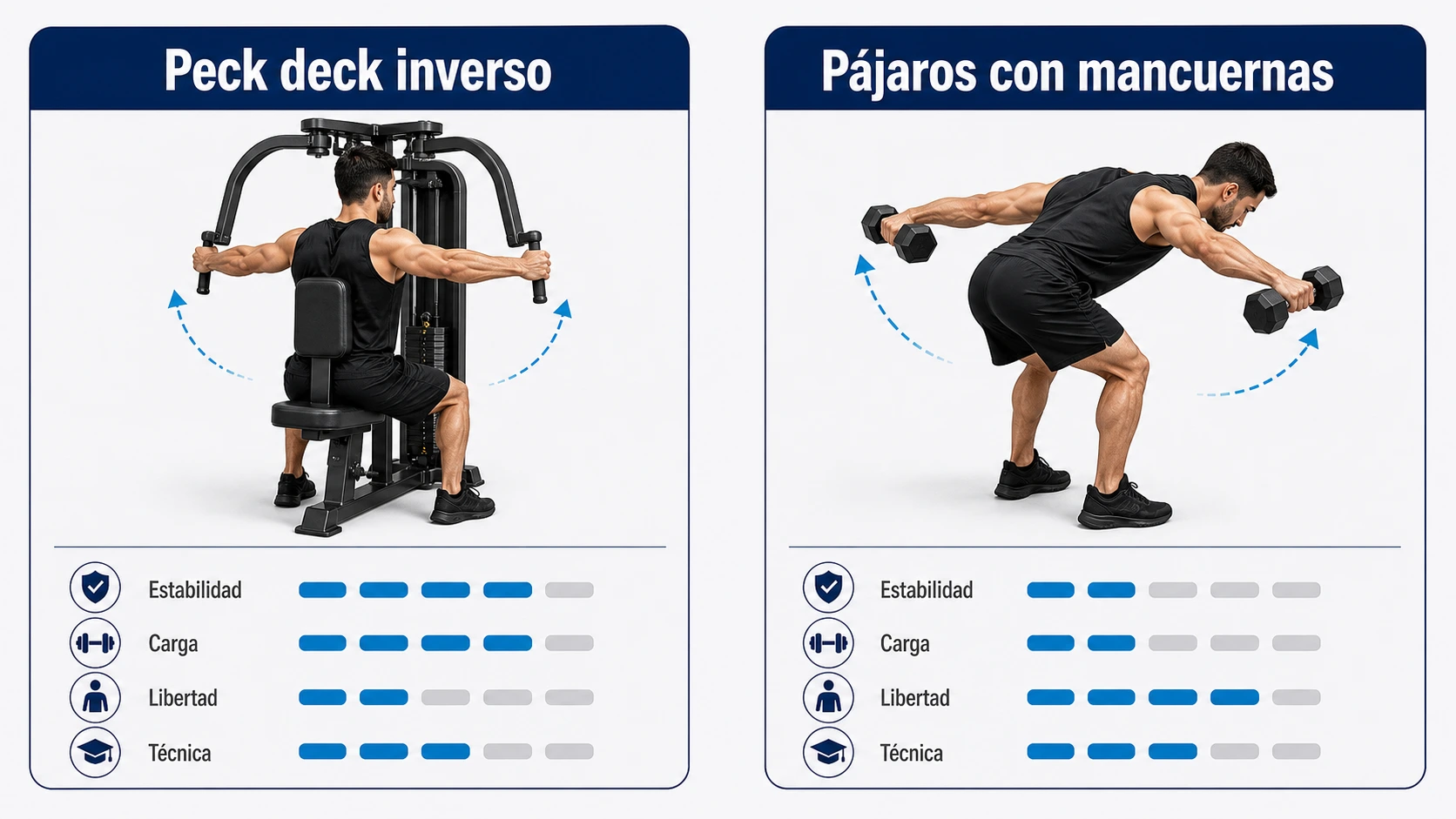 Comparativa entre peck deck inverso y pájaros con mancuernas