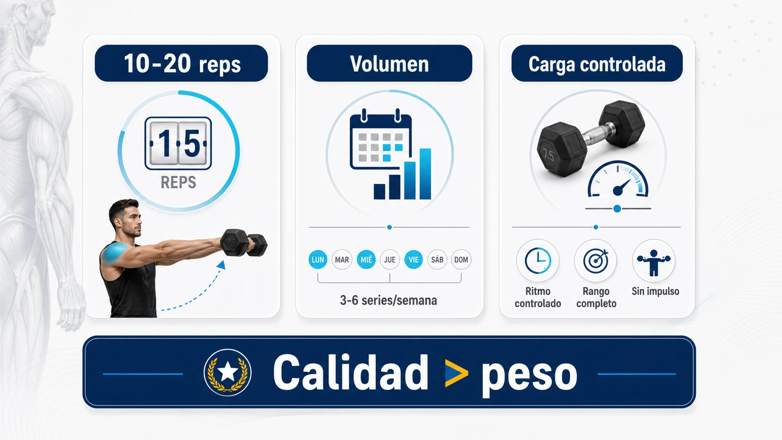 Infografía de programación de elevaciones frontales con repeticiones volumen carga controlada y calidad sobre peso
