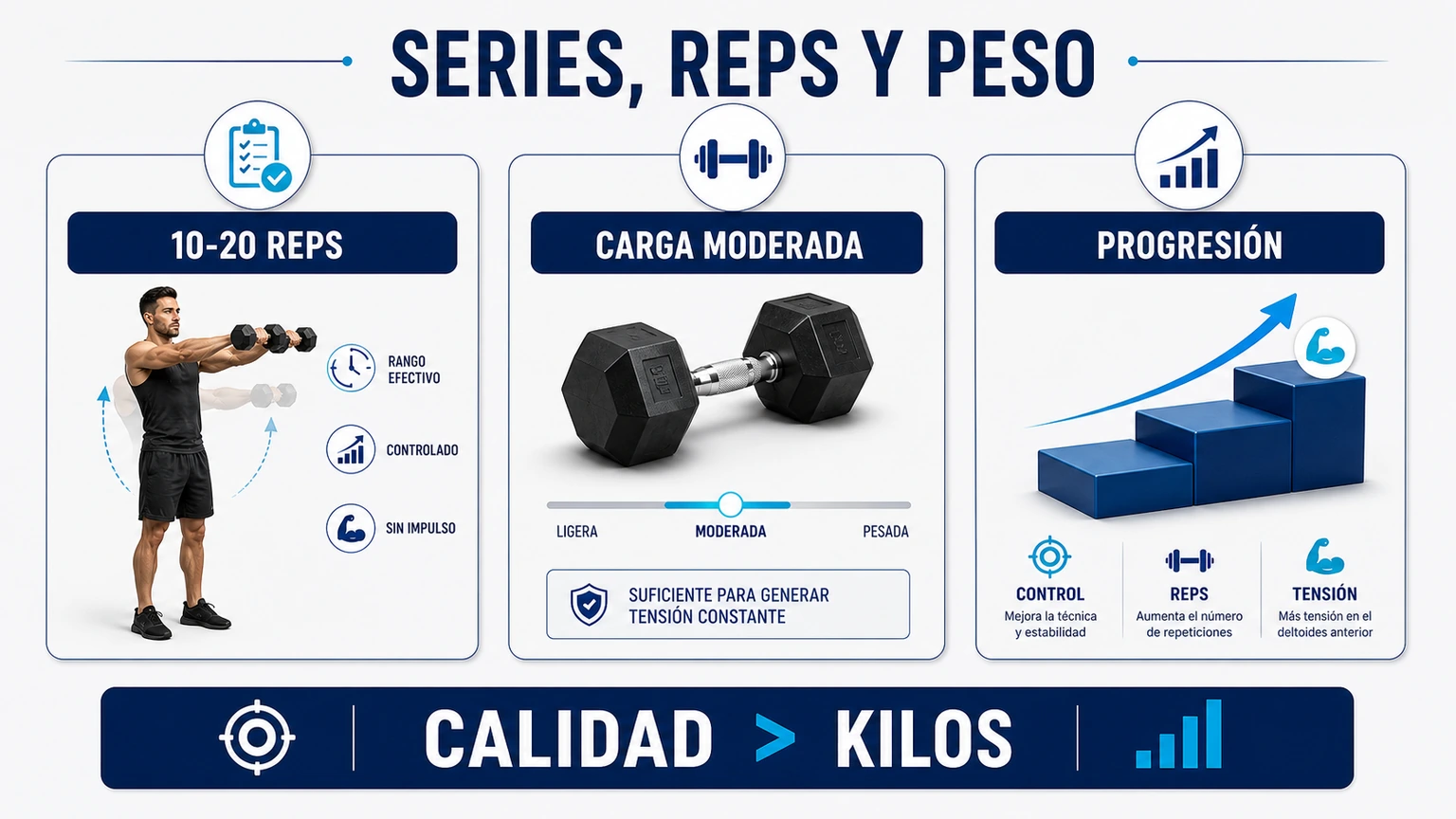 Infografía de series repeticiones carga moderada y progresión en elevaciones frontales