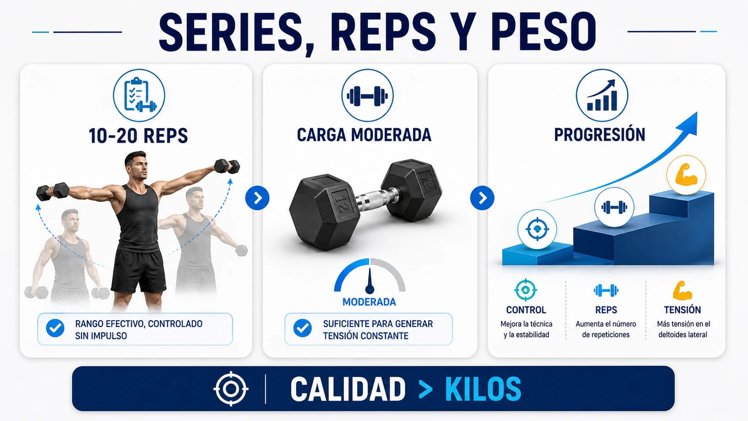Infografía sobre series repeticiones peso moderado y progresión en elevaciones laterales
