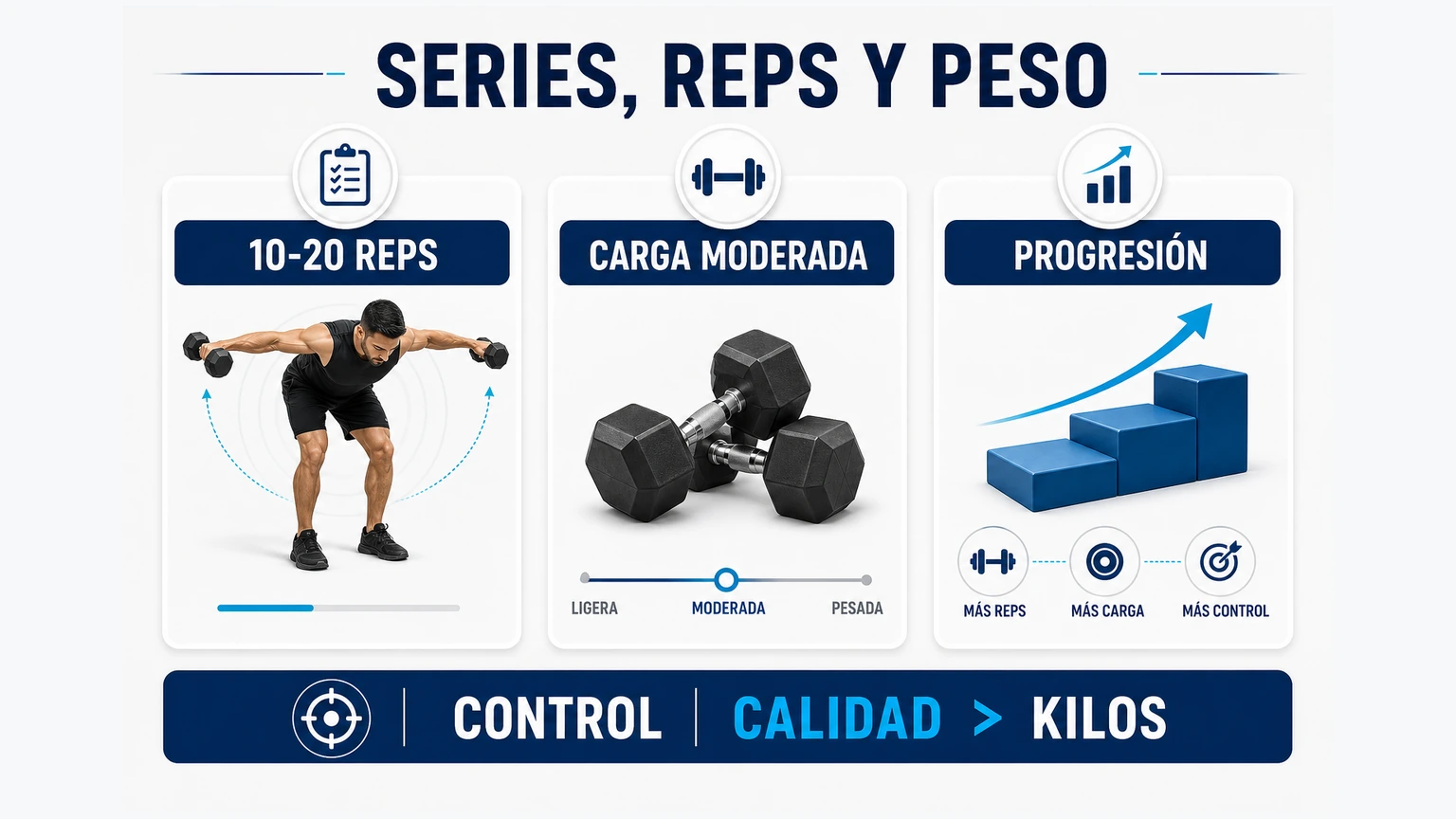 Infografía sobre series repeticiones carga moderada progresión y control en pájaros con mancuernas