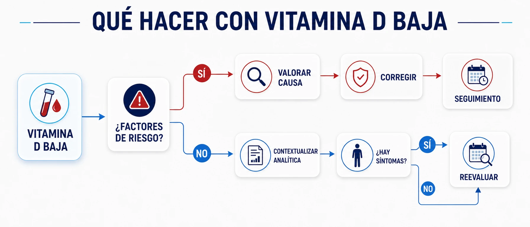 Árbol de decisión sobre qué hacer con vitamina D baja según factores de riesgo síntomas causa corrección y seguimiento