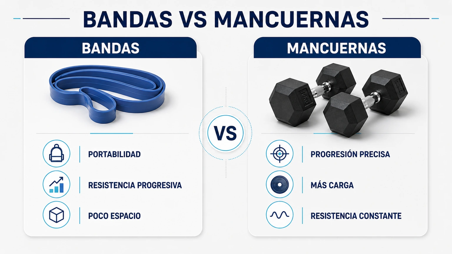 Comparativa visual entre bandas y mancuernas para elevaciones laterales con ventajas de cada material