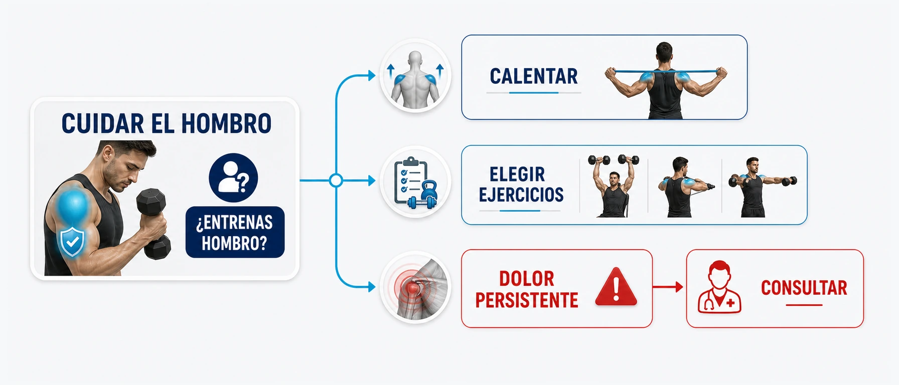Árbol de decisión para cuidar el hombro durante el entrenamiento con calentamiento ejercicios y consulta