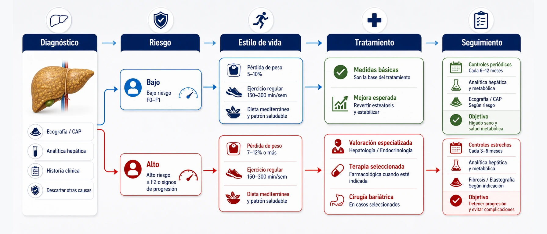 Árbol de decisión para tratamiento del hígado graso según diagnóstico riesgo estilo de vida tratamiento y seguimiento