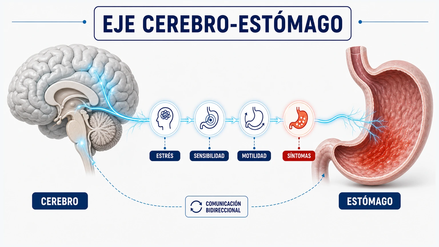 Diagrama del eje cerebro estómago en gastritis con estrés síntomas motilidad y sensibilidad