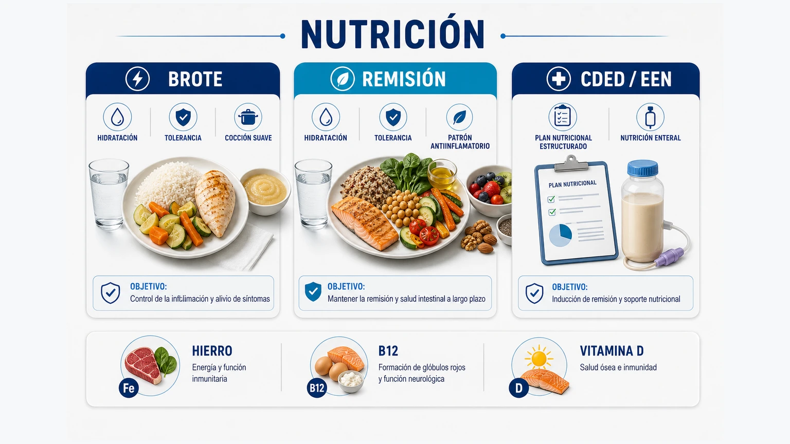Infografía nutricional de Crohn con brote remisión CDED EEN hierro B12 vitamina D y tolerancia