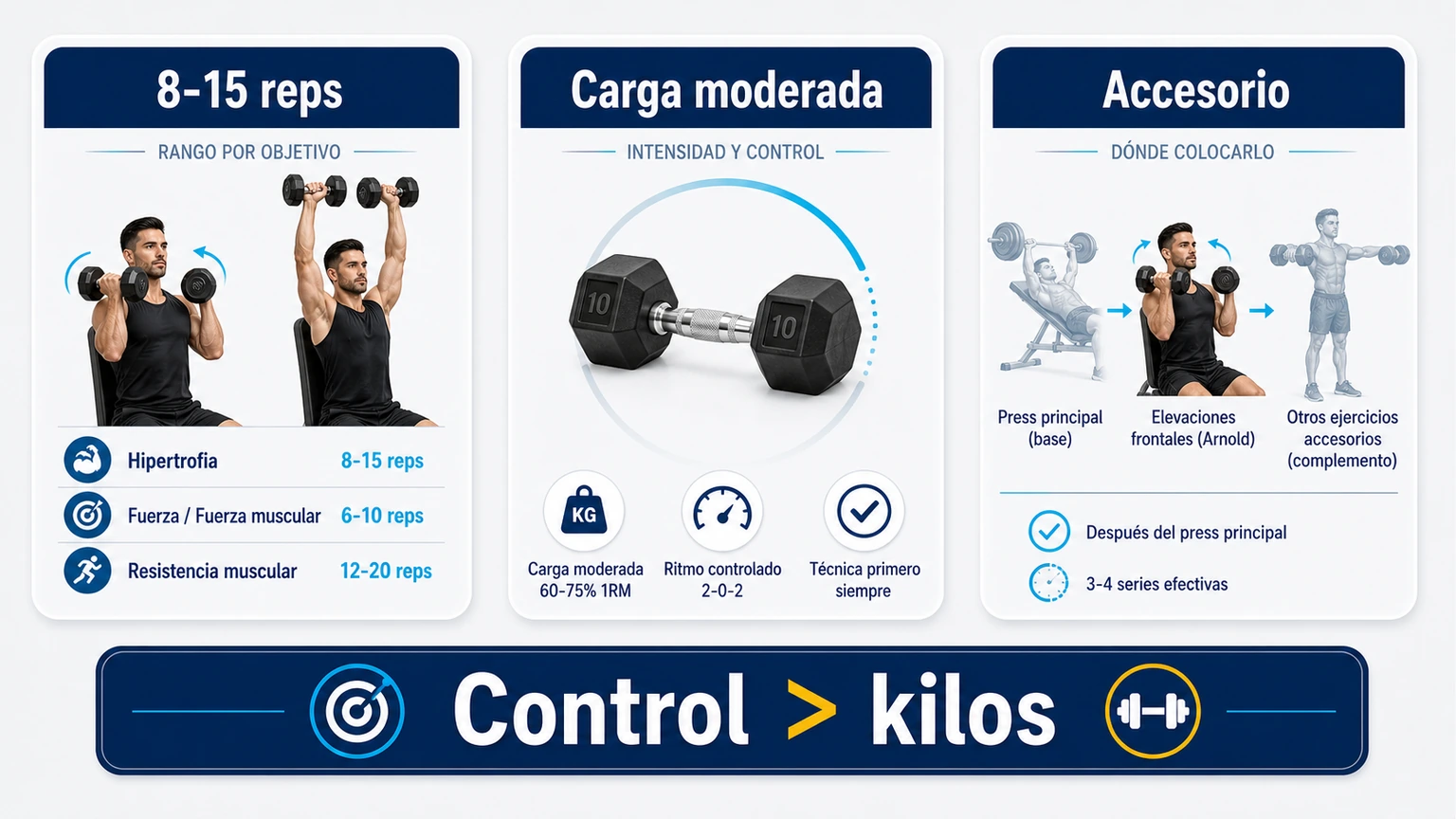 Infografía de programación del press Arnold con repeticiones carga moderada accesorio y control sobre kilos