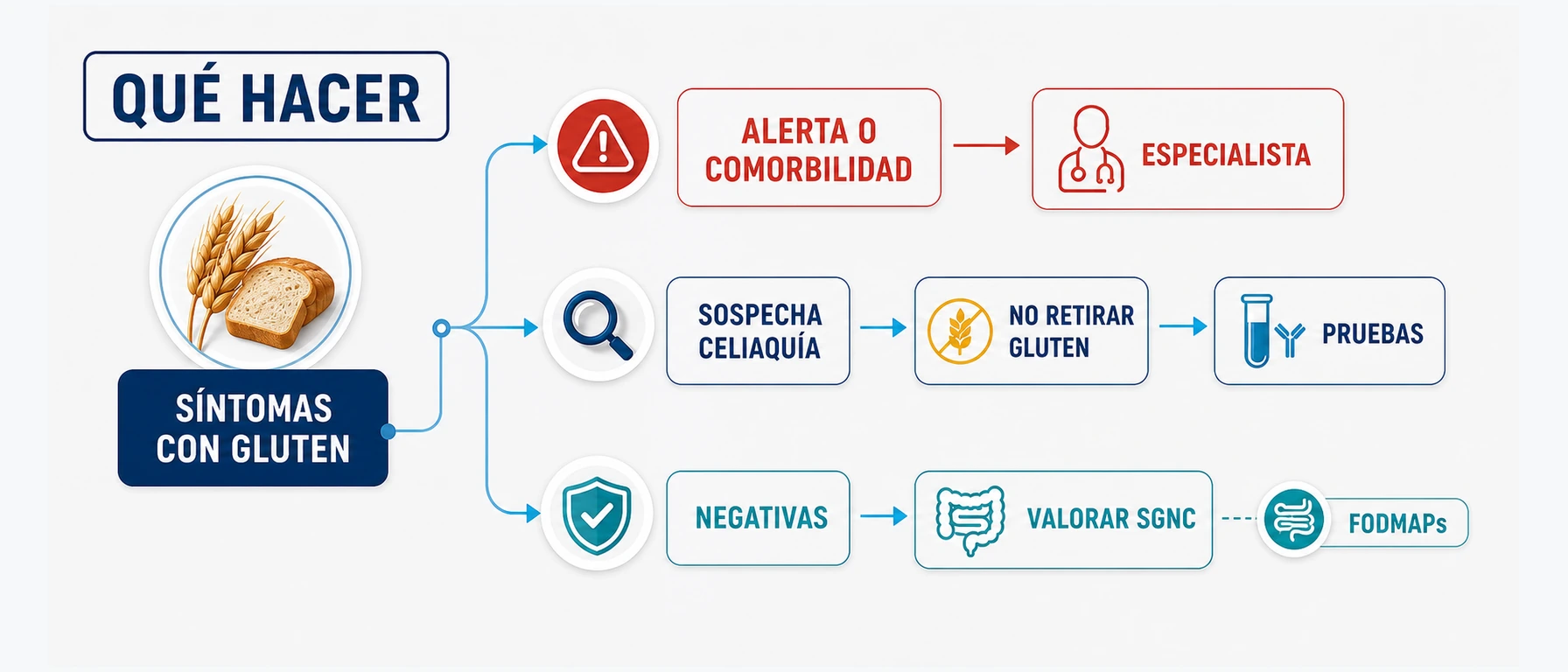 Árbol de decisión sobre qué hacer ante síntomas con gluten sospecha de celiaquía pruebas negativas y valoración de SGNC