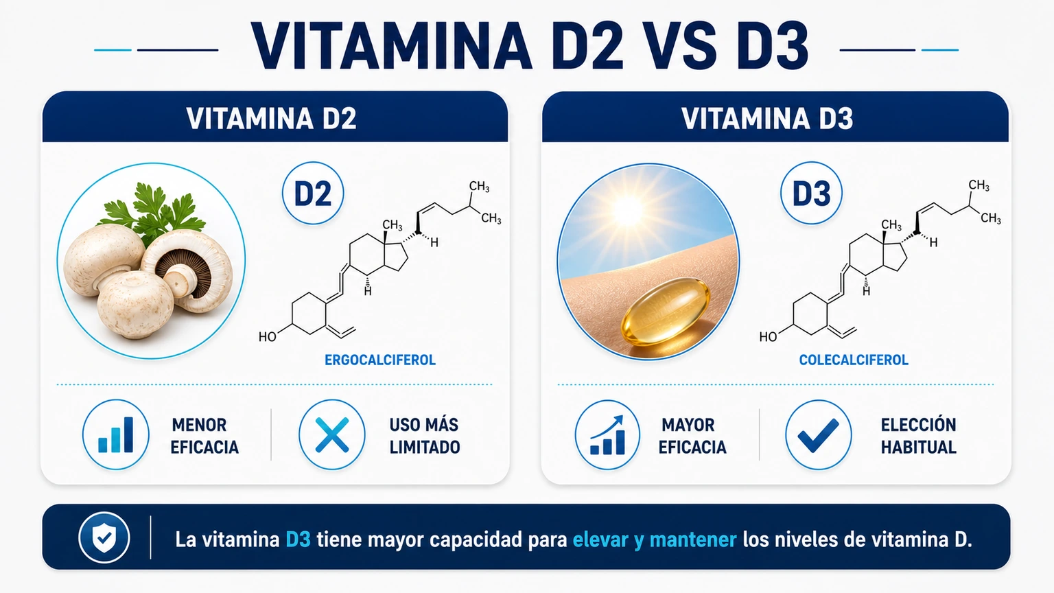 Comparativa visual entre vitamina D2 y vitamina D3 con eficacia uso habitual y diferencias principales