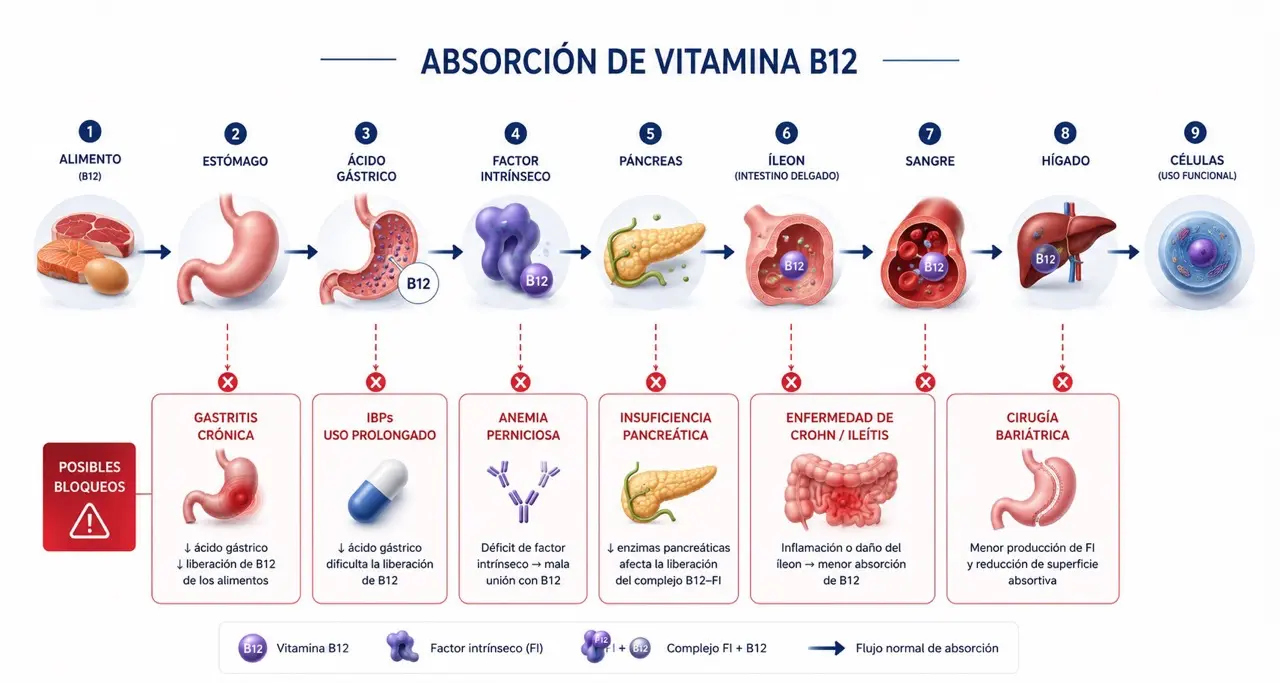 Diagrama de flujo de absorcion de vitamina B12 desde alimento, estomago, acido gastrico, factor intrinseco, pancreas, ileon, sangre, higado y celulas