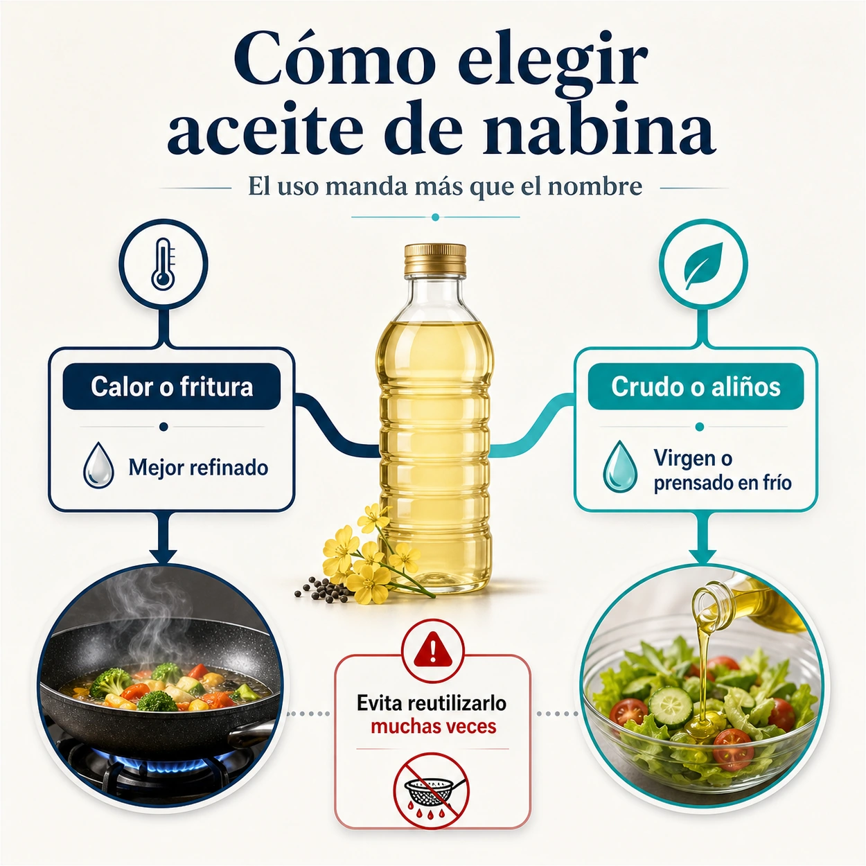 Infografía para elegir aceite de nabina refinado o virgen según uso en calor fritura crudo o aliños