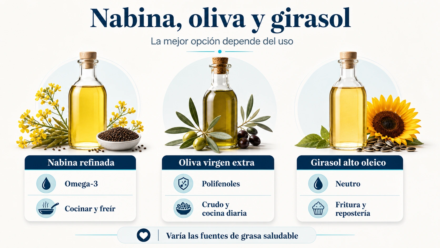 Comparativa entre aceite de nabina aceite de oliva virgen extra y girasol alto oleico según usos