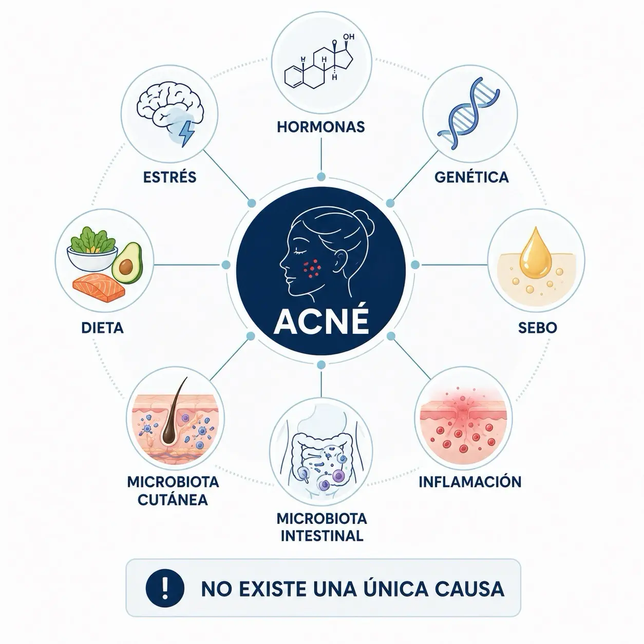 Diagrama radial del acne con hormonas, genetica, sebo, inflamacion, microbiota intestinal, microbiota cutanea, dieta y estres conectados
