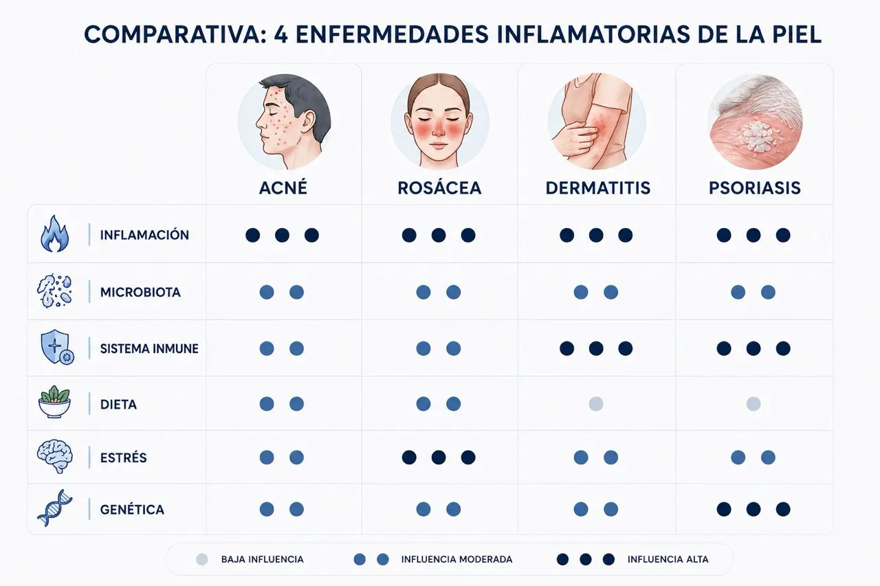 Tabla visual moderna que compara acne, rosacea, dermatitis y psoriasis mediante intensidad de inflamacion, microbiota, sistema inmune, dieta, estres y genetica