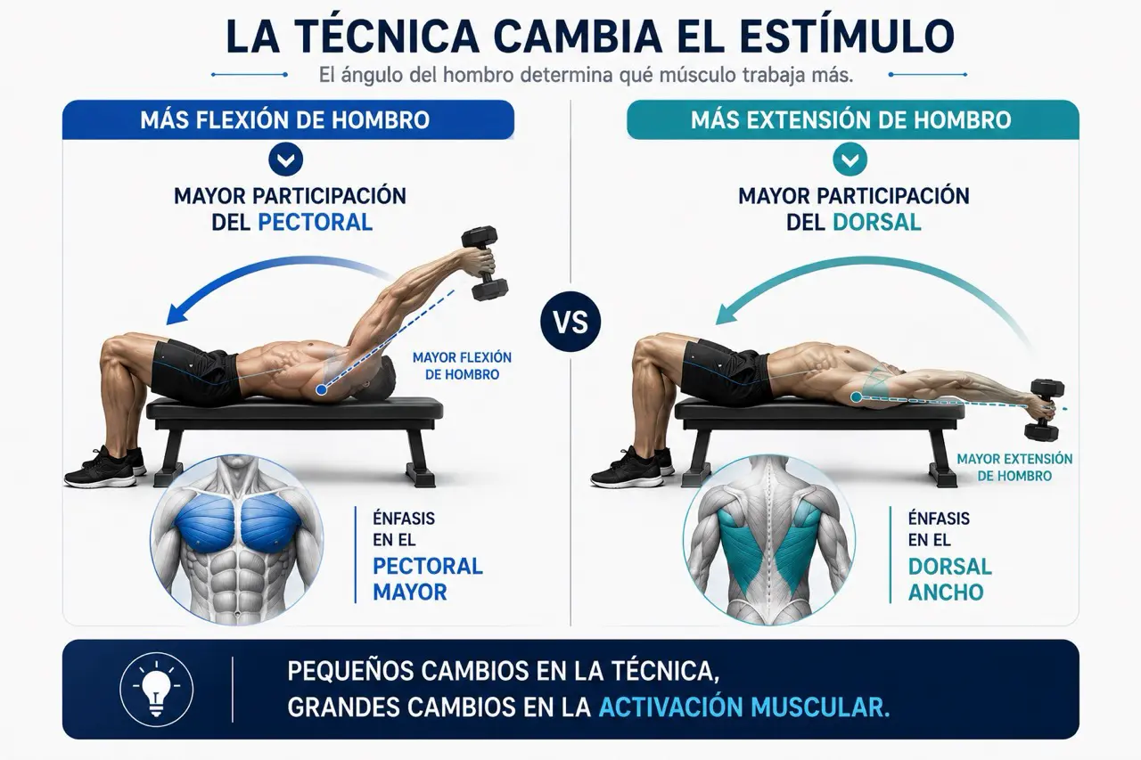 Comparativa biomecanica del pull over mostrando como la tecnica modifica el estimulo hacia pectoral mayor o dorsal ancho