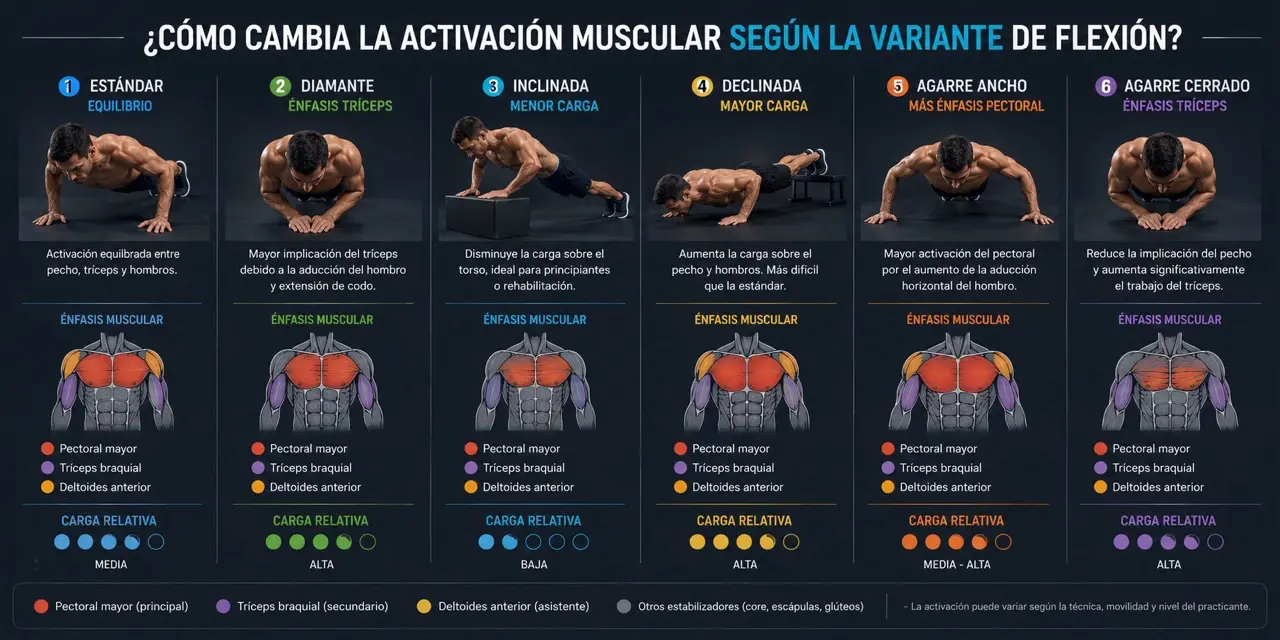 Comparativa de activacion muscular en flexiones estandar, diamante, inclinadas, declinadas, agarre ancho y agarre cerrado