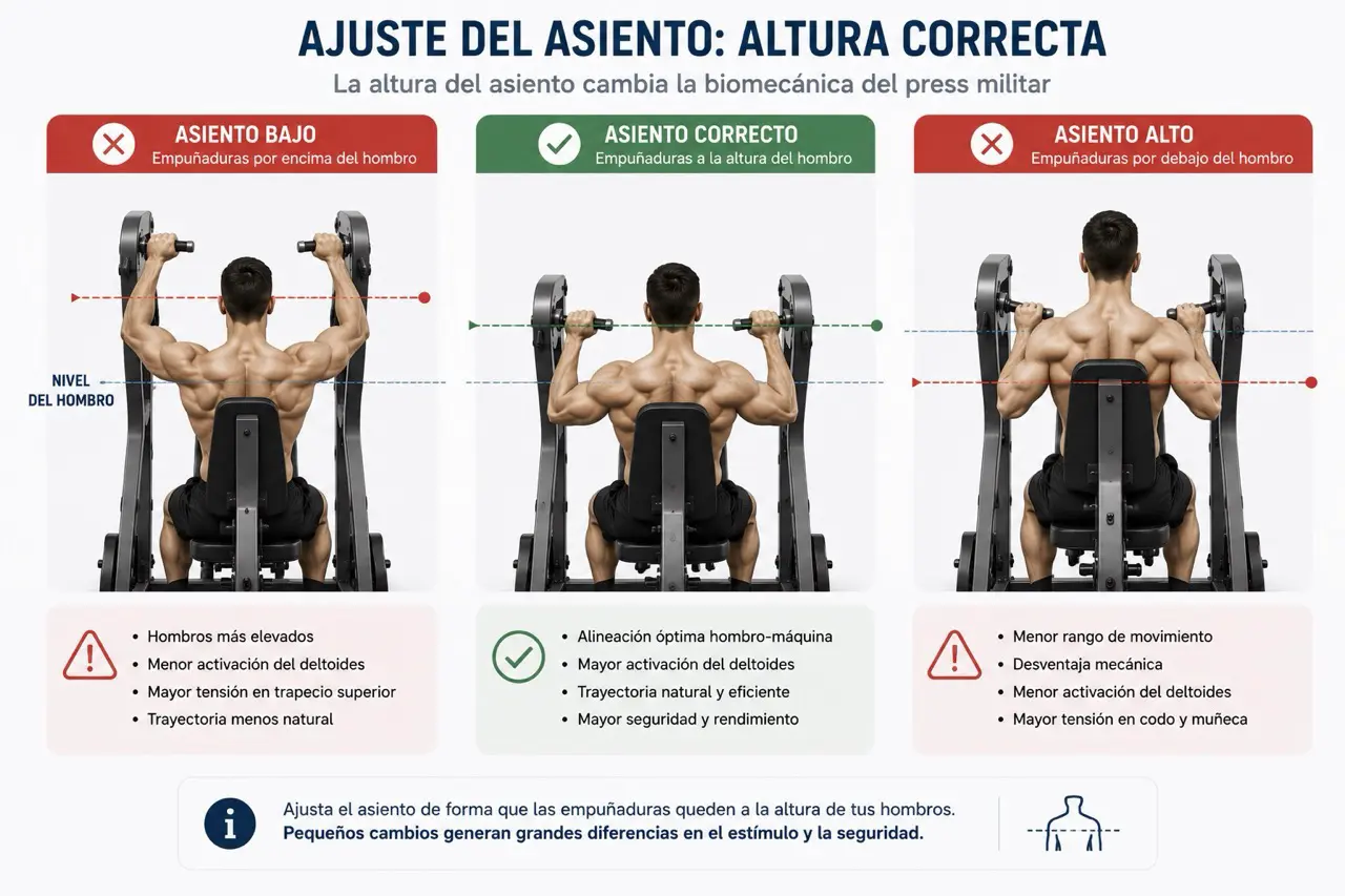 Comparativa tecnica del ajuste del asiento en press militar en maquina con asiento bajo, posicion correcta y asiento alto segun altura de empuñaduras y hombro
