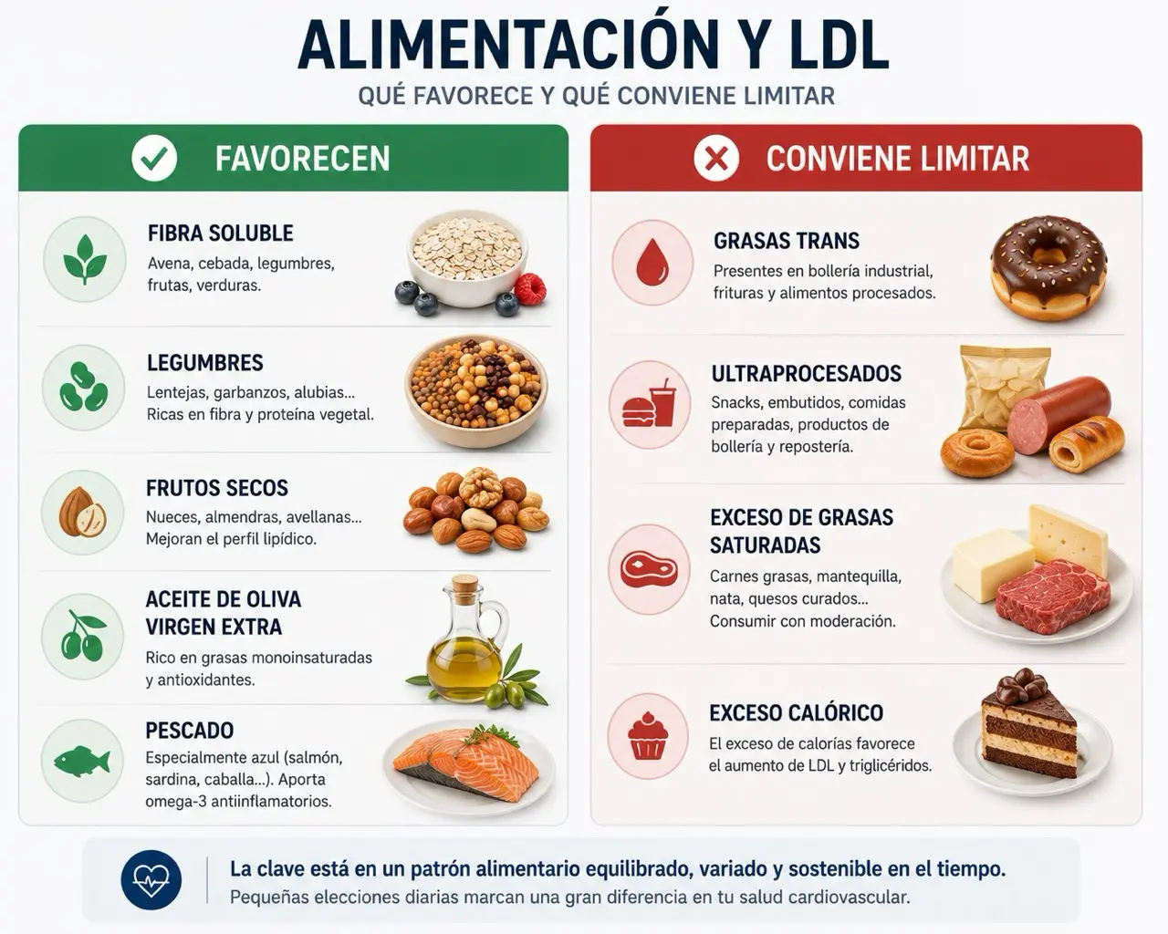 Comparativa editorial de alimentacion y LDL con fibra soluble, legumbres, frutos secos, AOVE y pescado frente a grasas trans, ultraprocesados, exceso de grasas saturadas y exceso calorico