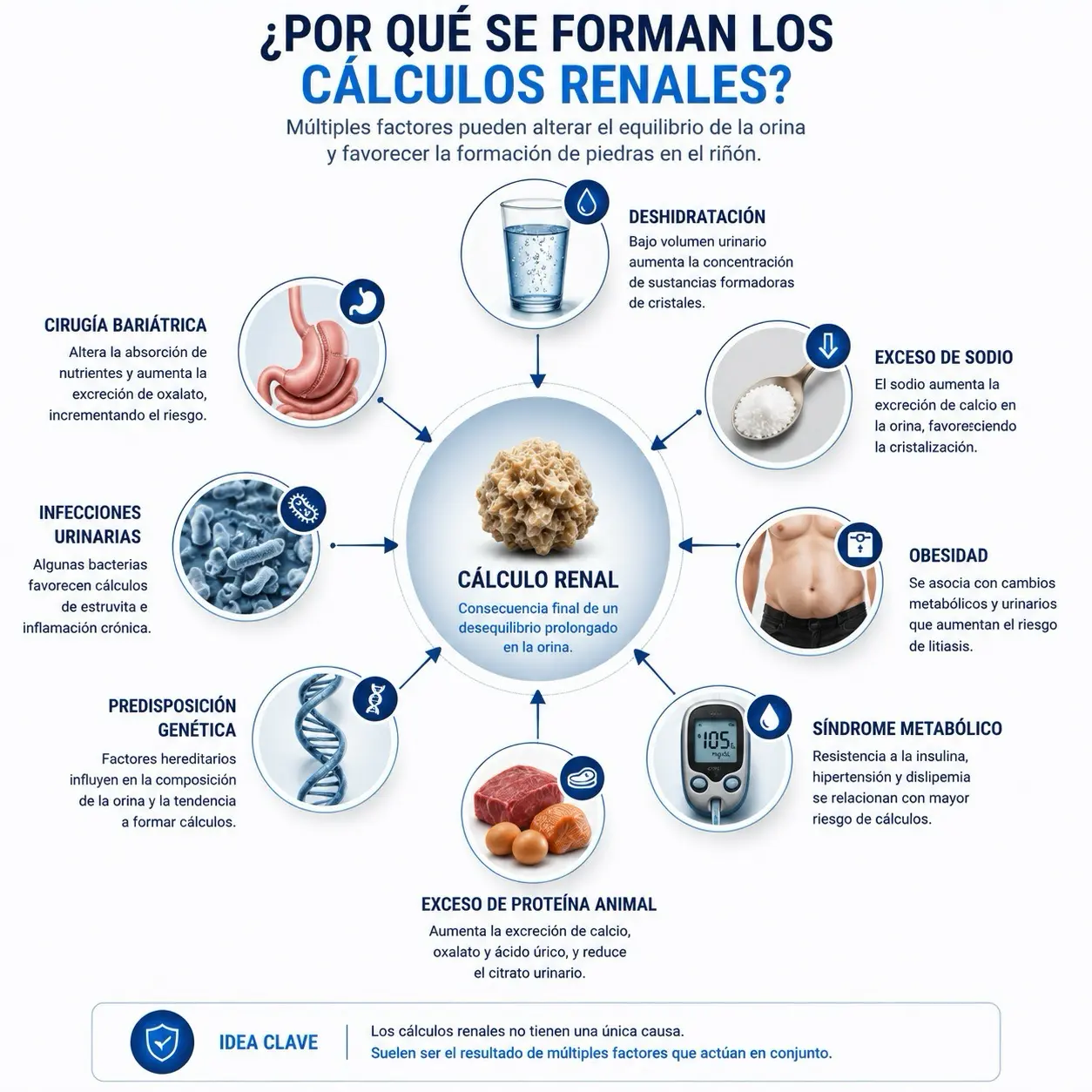 Infografia sobre alimentacion para prevenir calculos renales segun el tipo de calculo: oxalato calcico, acido urico, estruvita y cistina