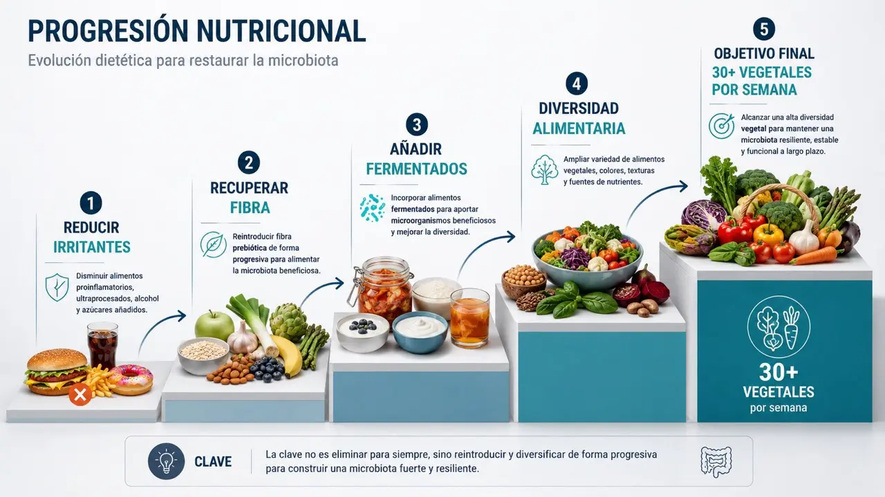 Escalera de progresion nutricional en disbiosis con reduccion de irritantes, recuperacion de fibra, fermentados, diversidad alimentaria y objetivo de 30 vegetales semanales