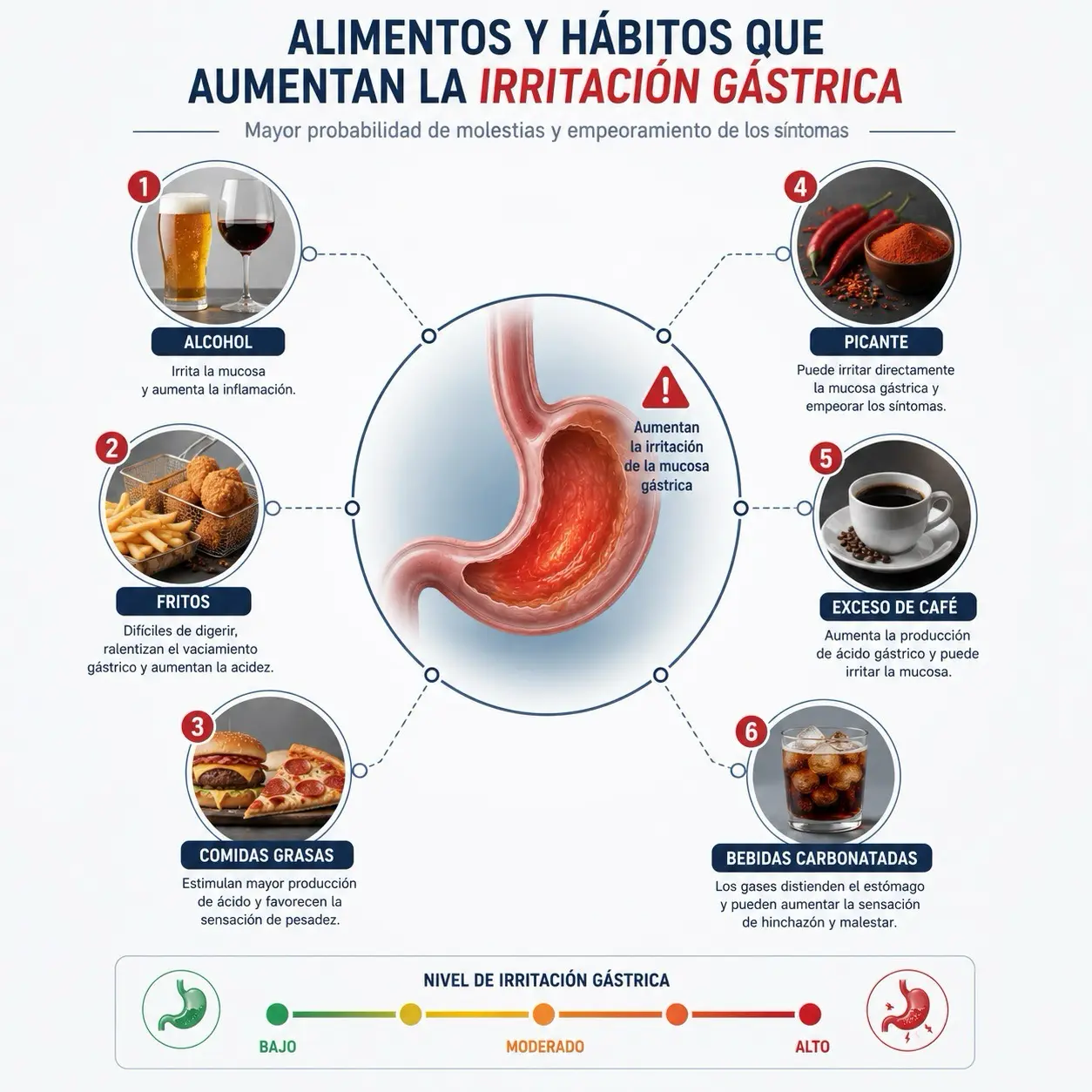 Diagrama de irritacion gastrica con alimentos y bebidas que pueden empeorar molestias en Helicobacter pylori como alcohol, fritos, grasas, picante, cafe y bebidas carbonatadas