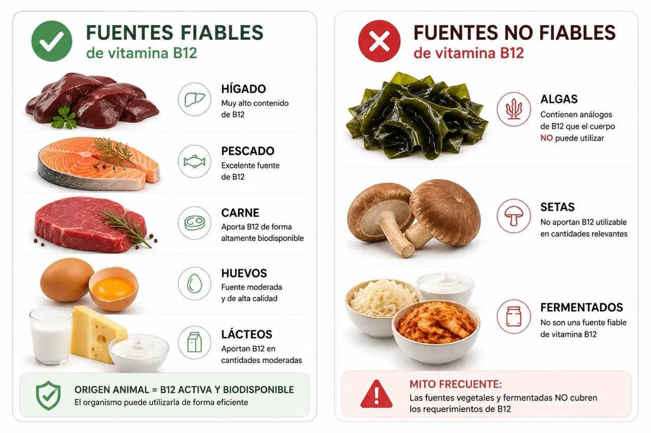 Comparativa de fuentes fiables de vitamina B12 como higado, pescado, carne, huevos y lacteos frente a fuentes no fiables como algas, setas y fermentados