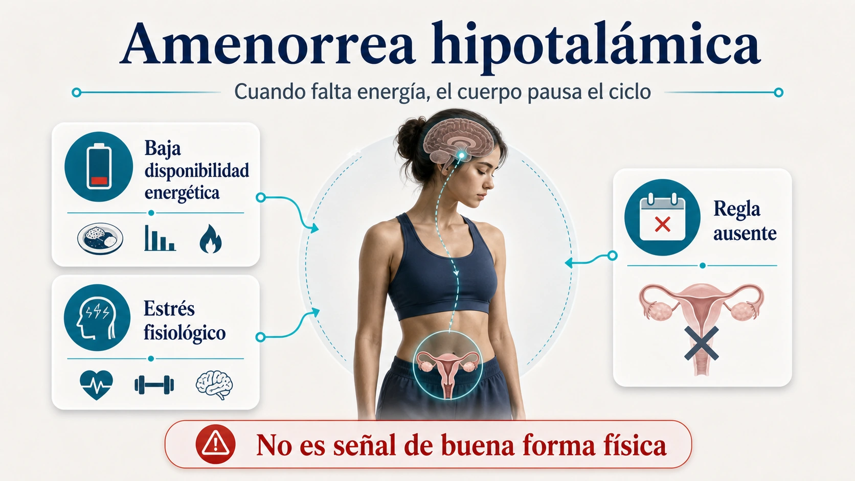 Infografía de amenorrea hipotalámica por baja disponibilidad energética estrés fisiológico y regla ausente