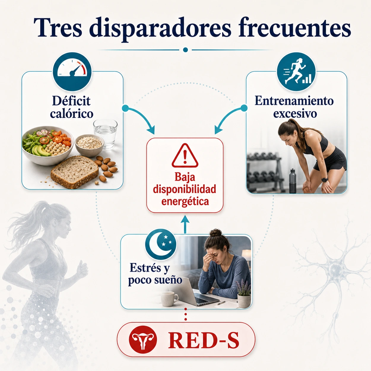 Infografía de causas de amenorrea hipotalámica déficit calórico entrenamiento excesivo estrés y RED-S