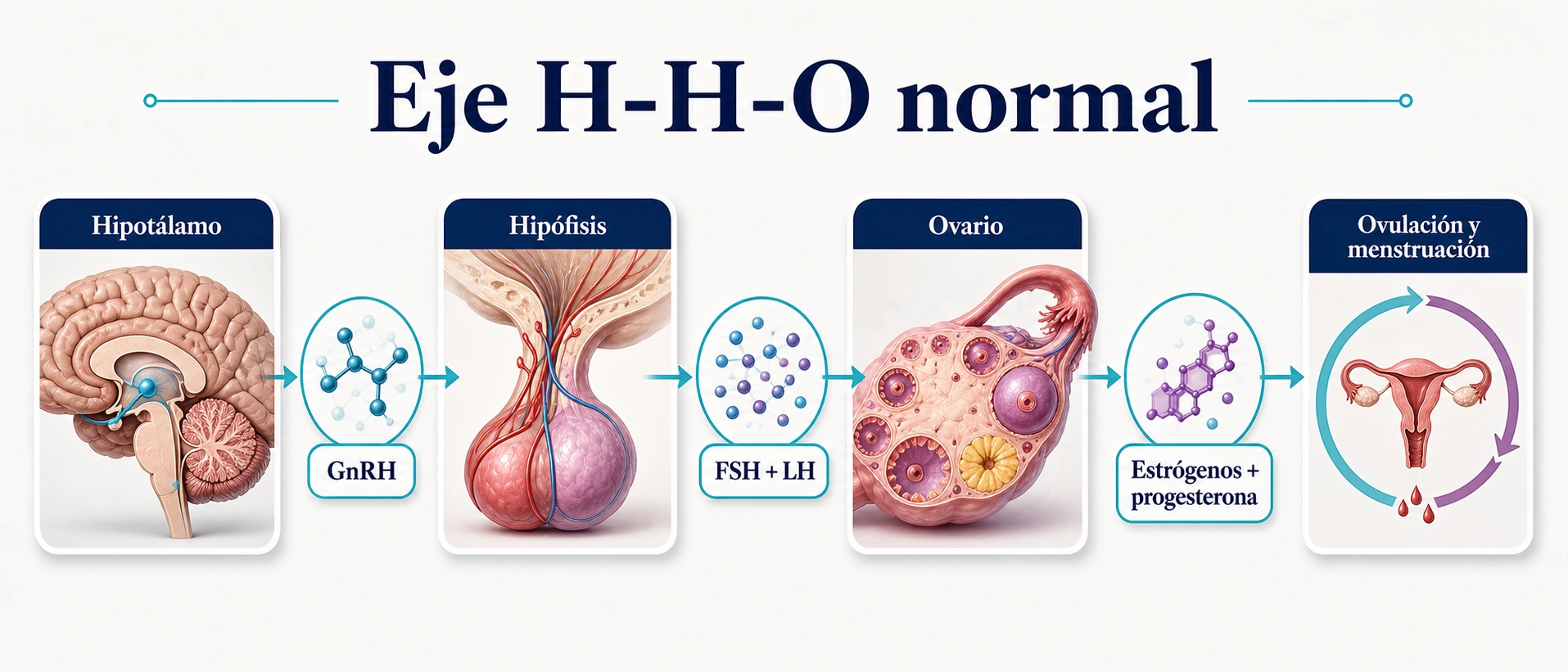 Infografía del eje hipotálamo hipófisis ovario normal con GnRH FSH LH estrógenos y ovulación