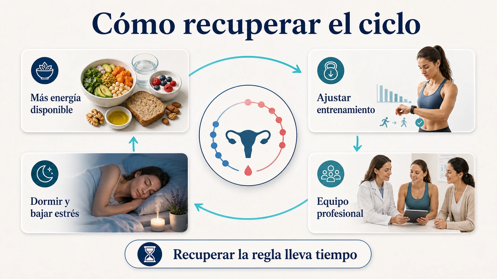 Infografía de recuperación de la amenorrea hipotalámica con más energía ajuste de entrenamiento descanso y equipo profesional