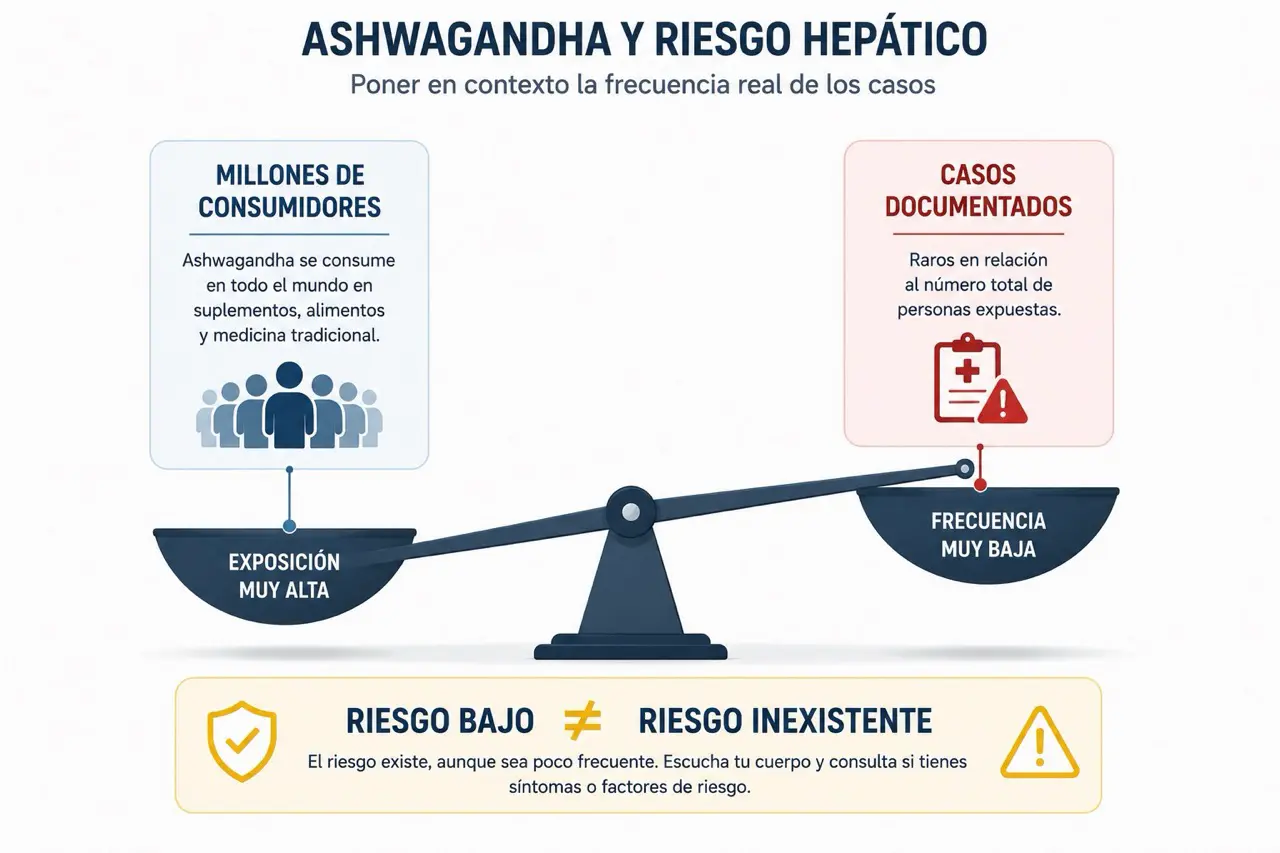 Diagrama de equilibrio sobre ashwagandha con millones de consumidores y casos documentados de hepatotoxicidad mostrando que riesgo bajo no es riesgo inexistente
